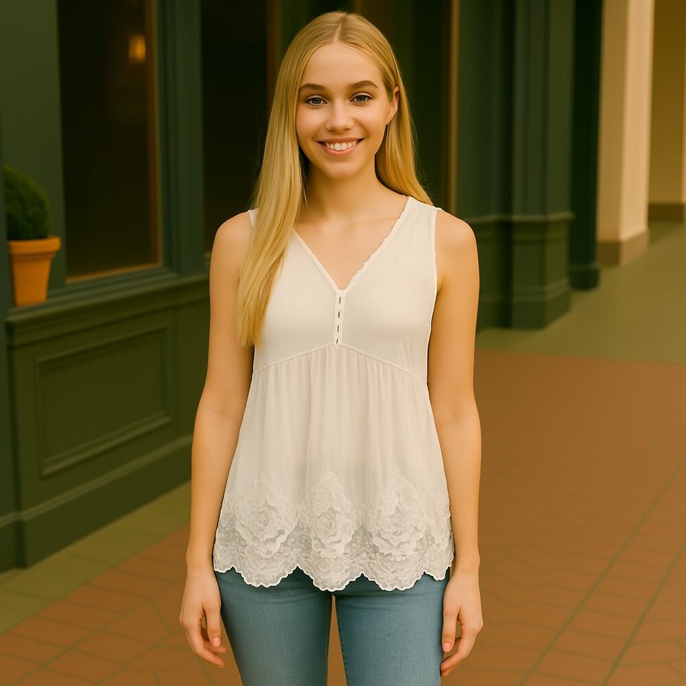 L Love Sleeveless off white Top w embroidery Detailing Boho Romantic Sz S